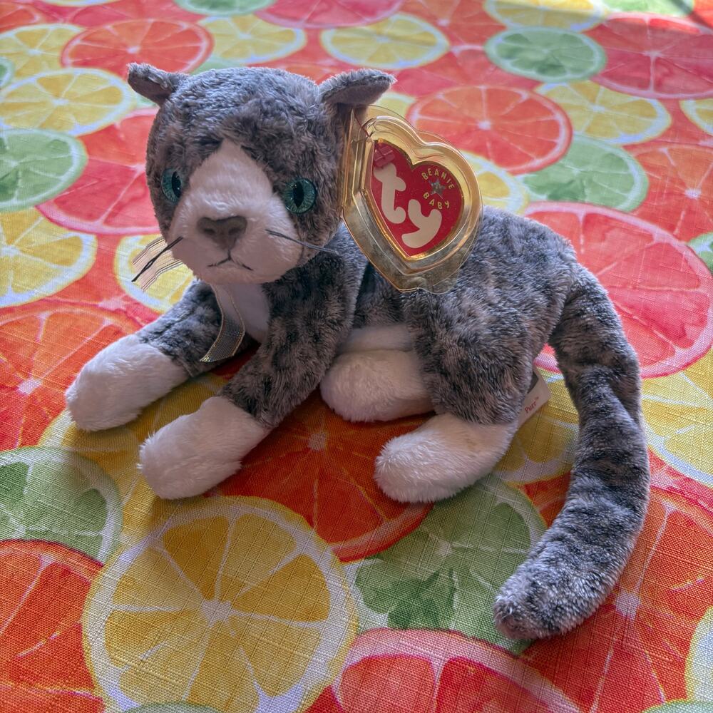 Ty Beanie Baby Purr Grey Tabby Cat 4346 w/ Tag Protector